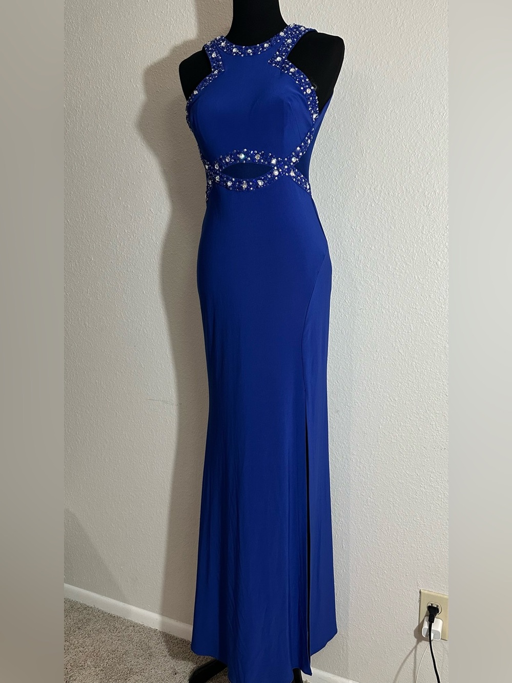 Morgan & Co. Royal Blue Jeweled Cutout Prom Gown